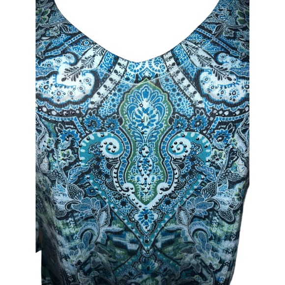 World Unity Top Blue Green Paisley Print Rhinestone V-Neck 3/4 Sleeve Tunic XXL - Picture 2 of 9